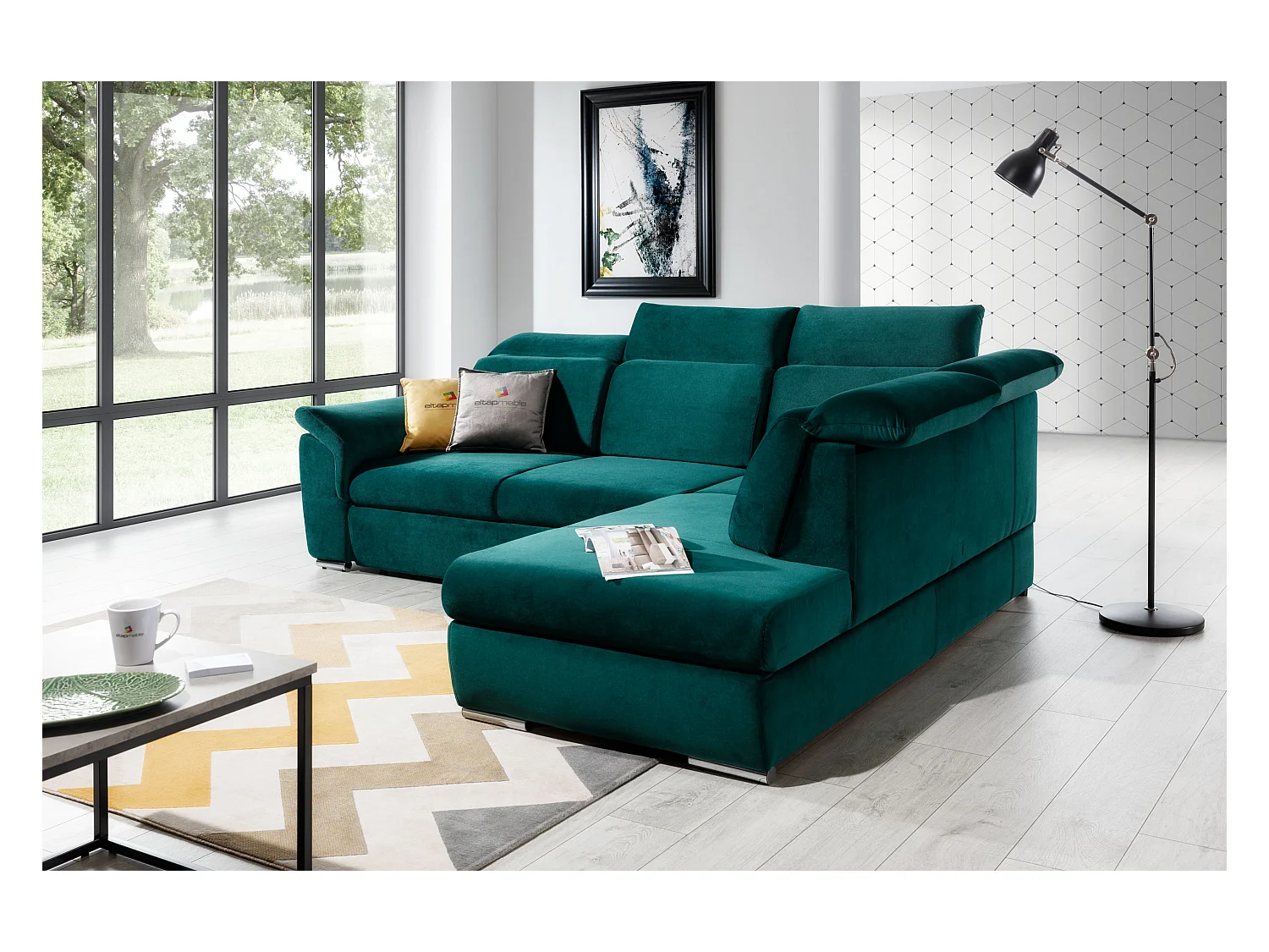 Canapé angle droit convertible tissu gris chiné et simili blanc avec appuis-tête réglables Kepita 260cm