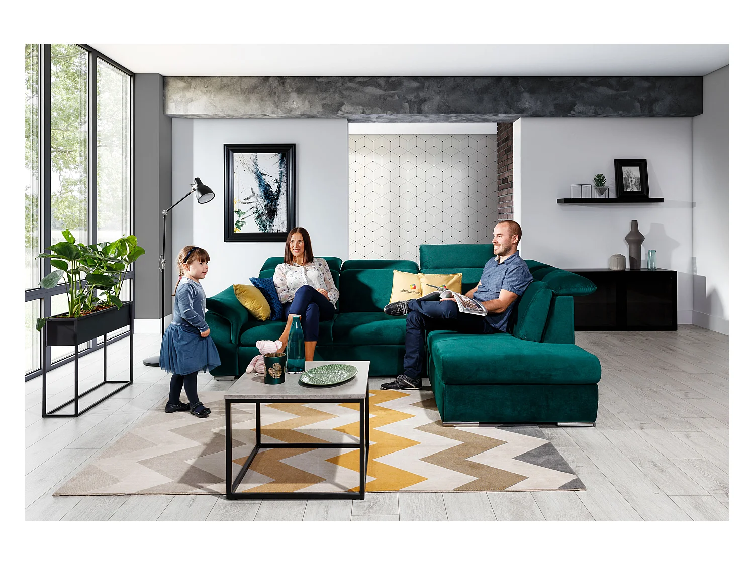 Canapé angle droit convertible tissu gris chiné et simili blanc avec appuis-tête réglables Kepita 260cm