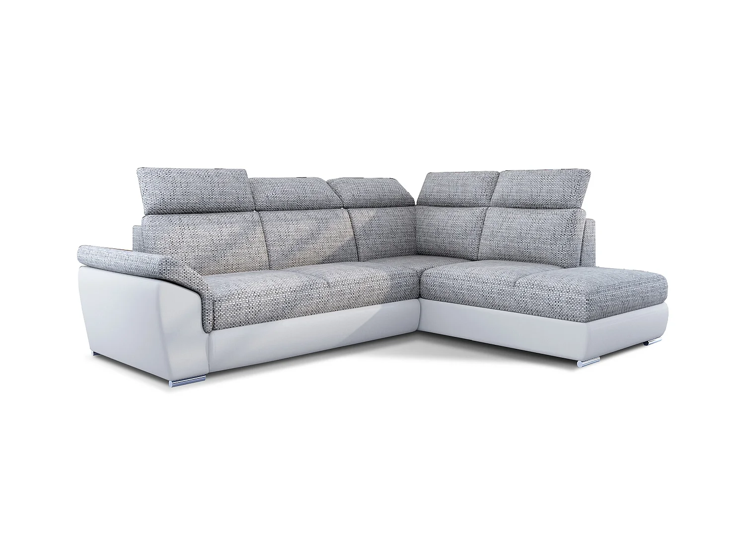 Canapé angle droit convertible tissu gris chiné et simili blanc avec appuis-tête réglables Kepita 260cm