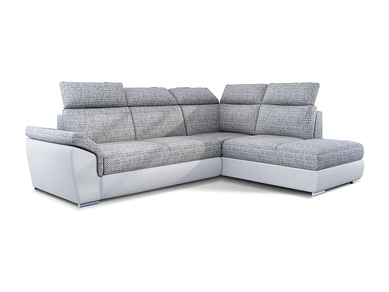 Canapé angle droit convertible tissu gris chiné et simili blanc avec appuis-tête réglables Kepita 260cm