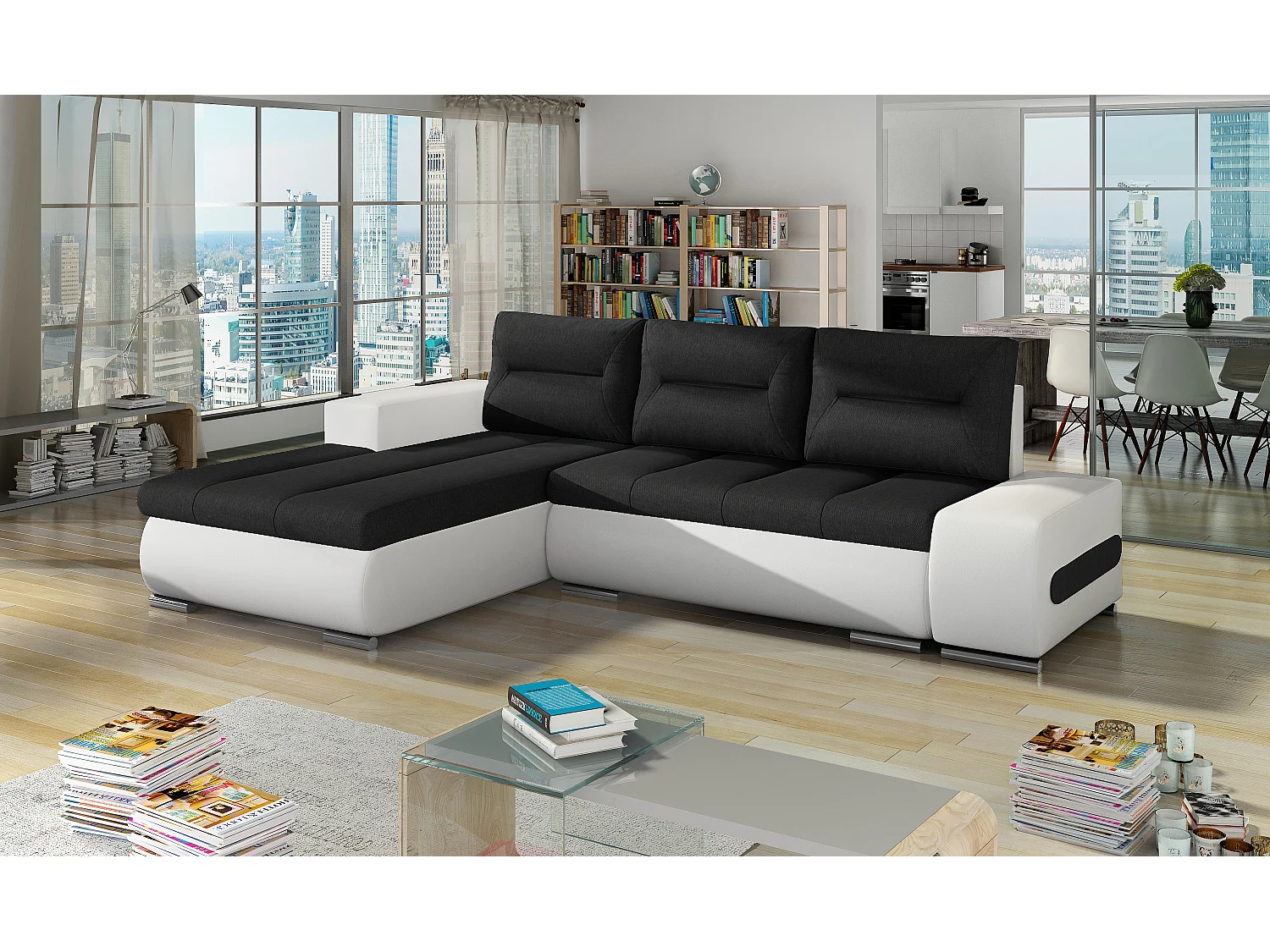 Canapé convertible angle gauche tissu noir et simili blanc Waker 275cm