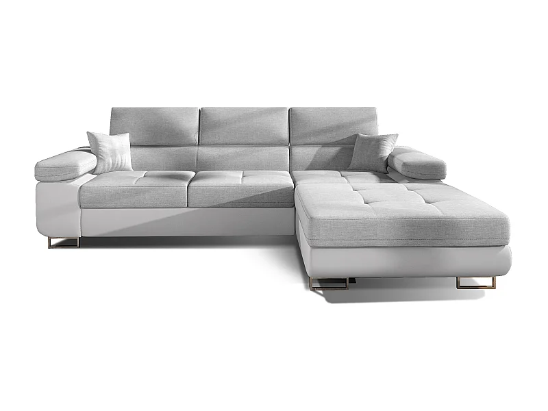 Canapé convertible d'angle droit tissu gris clair et simili cuir blanc avec rangement Wile 280cm