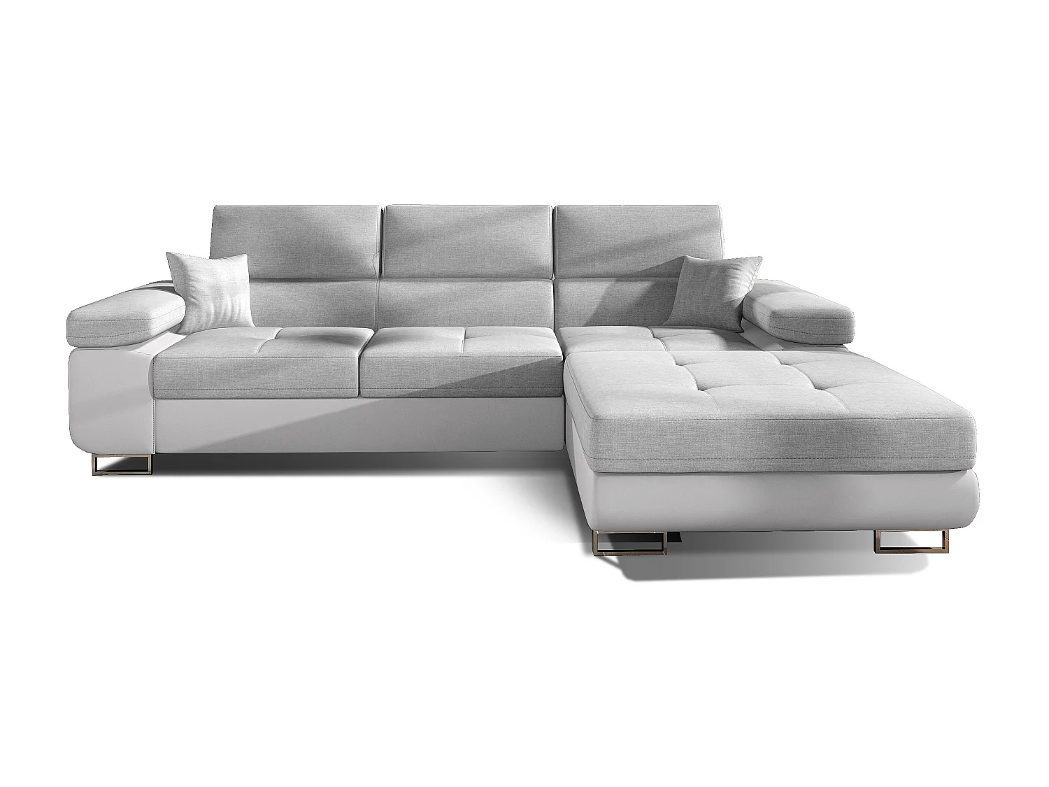 Canapé convertible d'angle droit tissu gris clair et simili cuir blanc avec rangement Wile 280cm