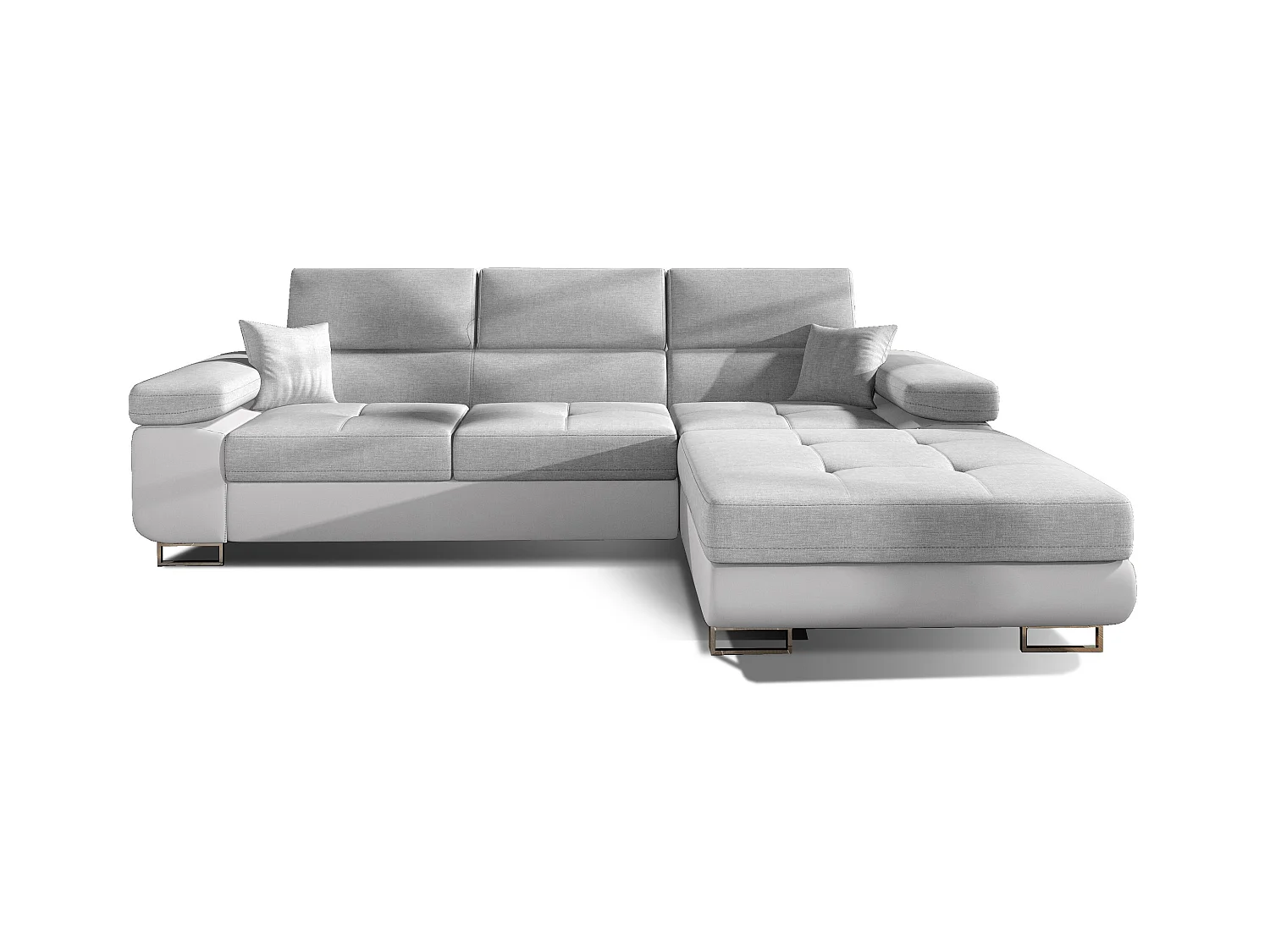 Canapé convertible d'angle droit tissu gris clair et simili cuir blanc avec rangement Wile 280cm