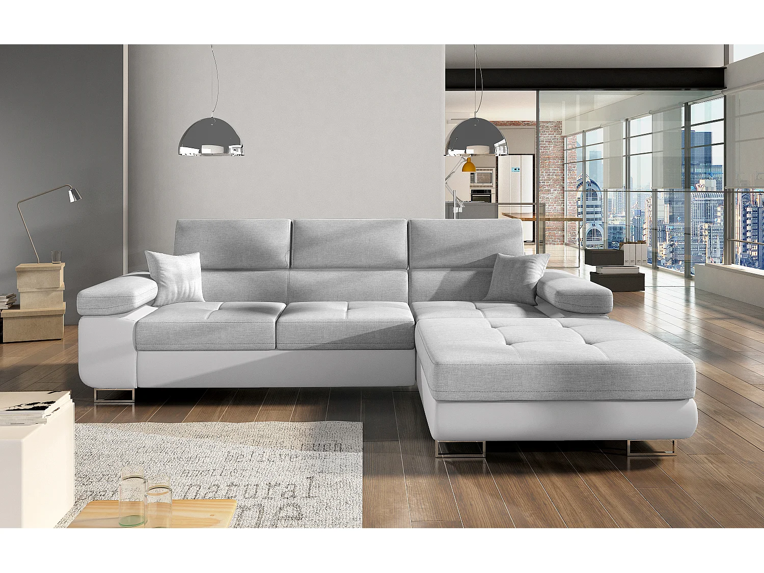 Canapé convertible d'angle droit tissu gris clair et simili cuir blanc avec rangement Wile 280cm