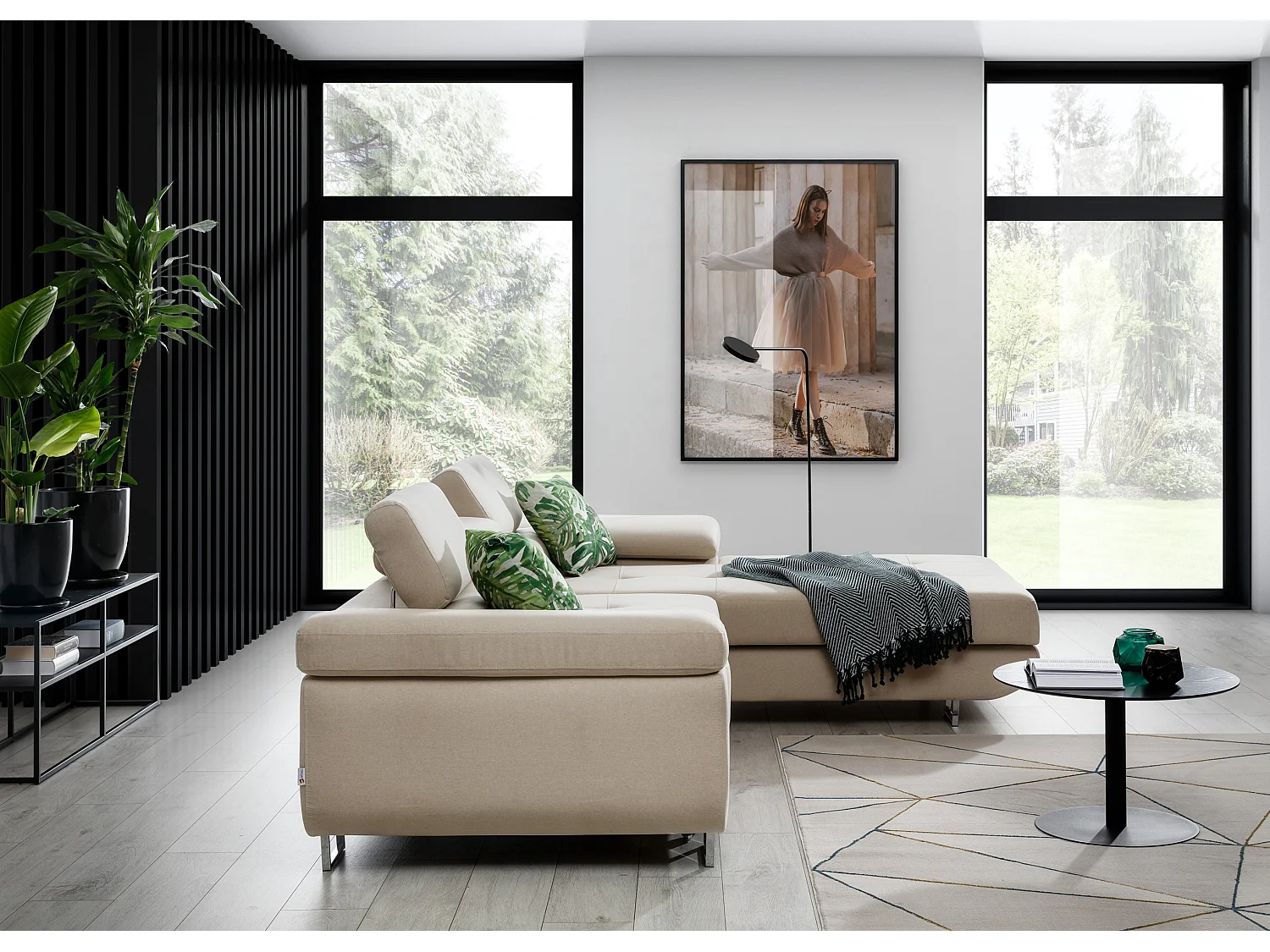 Canapé convertible d'angle droit tissu gris clair et simili cuir blanc avec rangement Wile 280cm