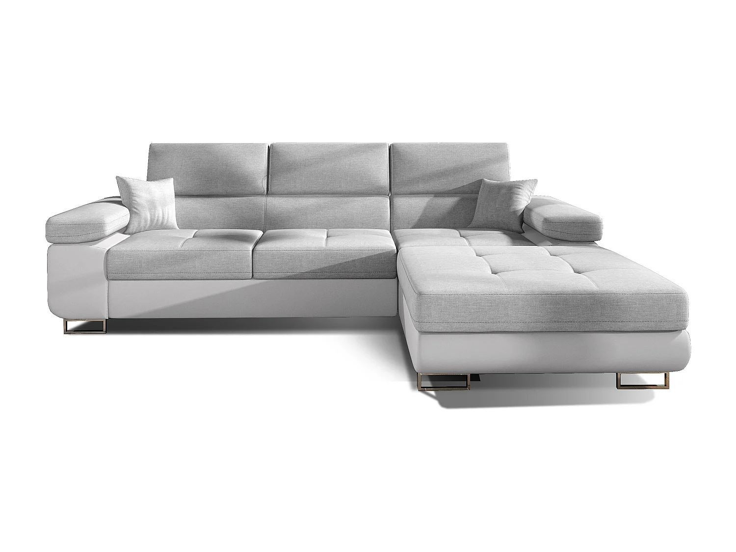 Canapé d'angle convertible appuis-tête réglables KALIZO - Coffre et pieds acier chromé-Blanc/Gris clair-angle droit