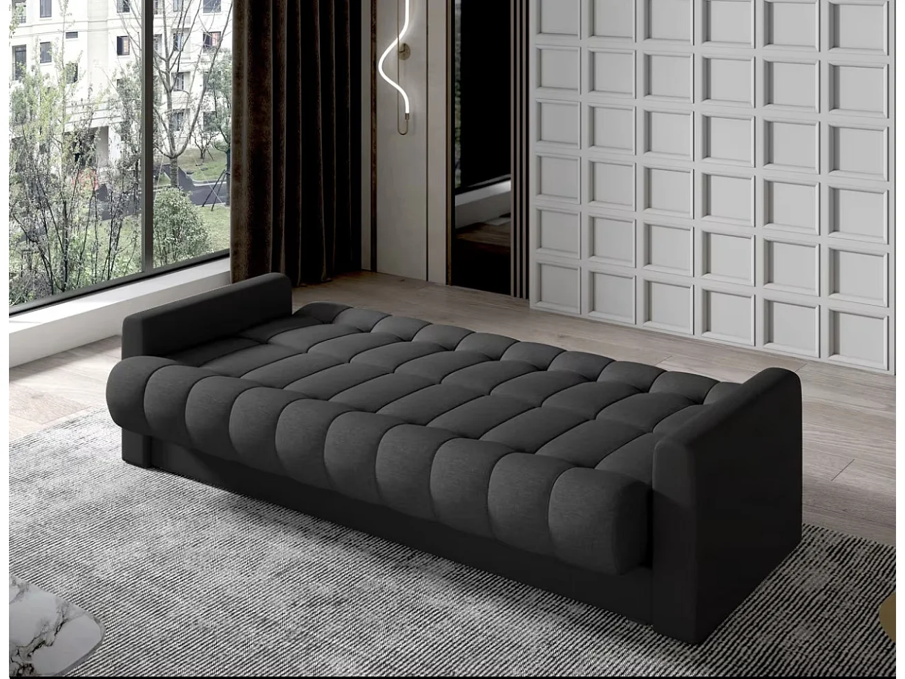 Canapé lit 3 places tissu gris clair et simili cuir noir Barote 210cm
