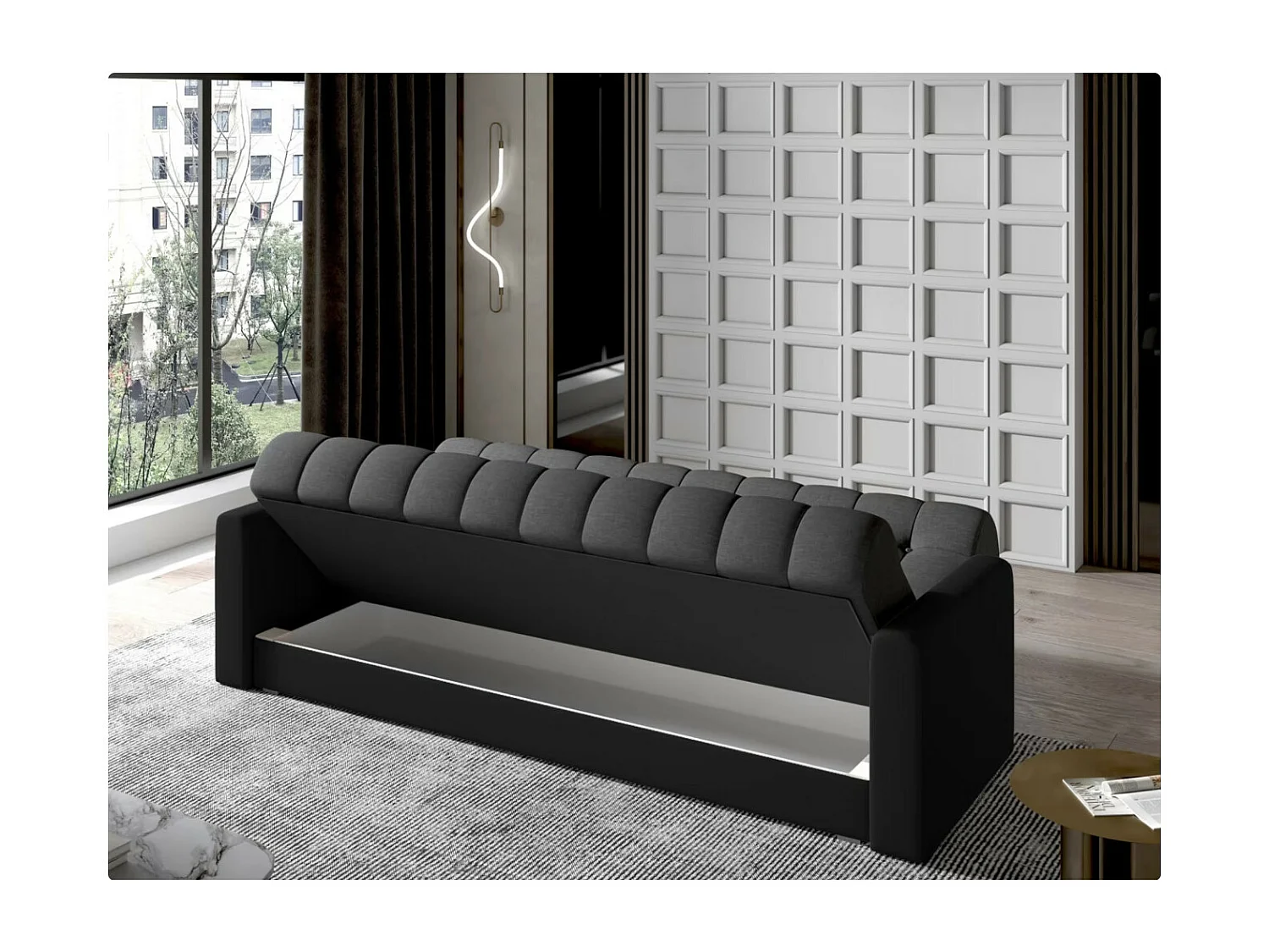 Canapé lit 3 places tissu gris clair et simili cuir noir Barote 210cm