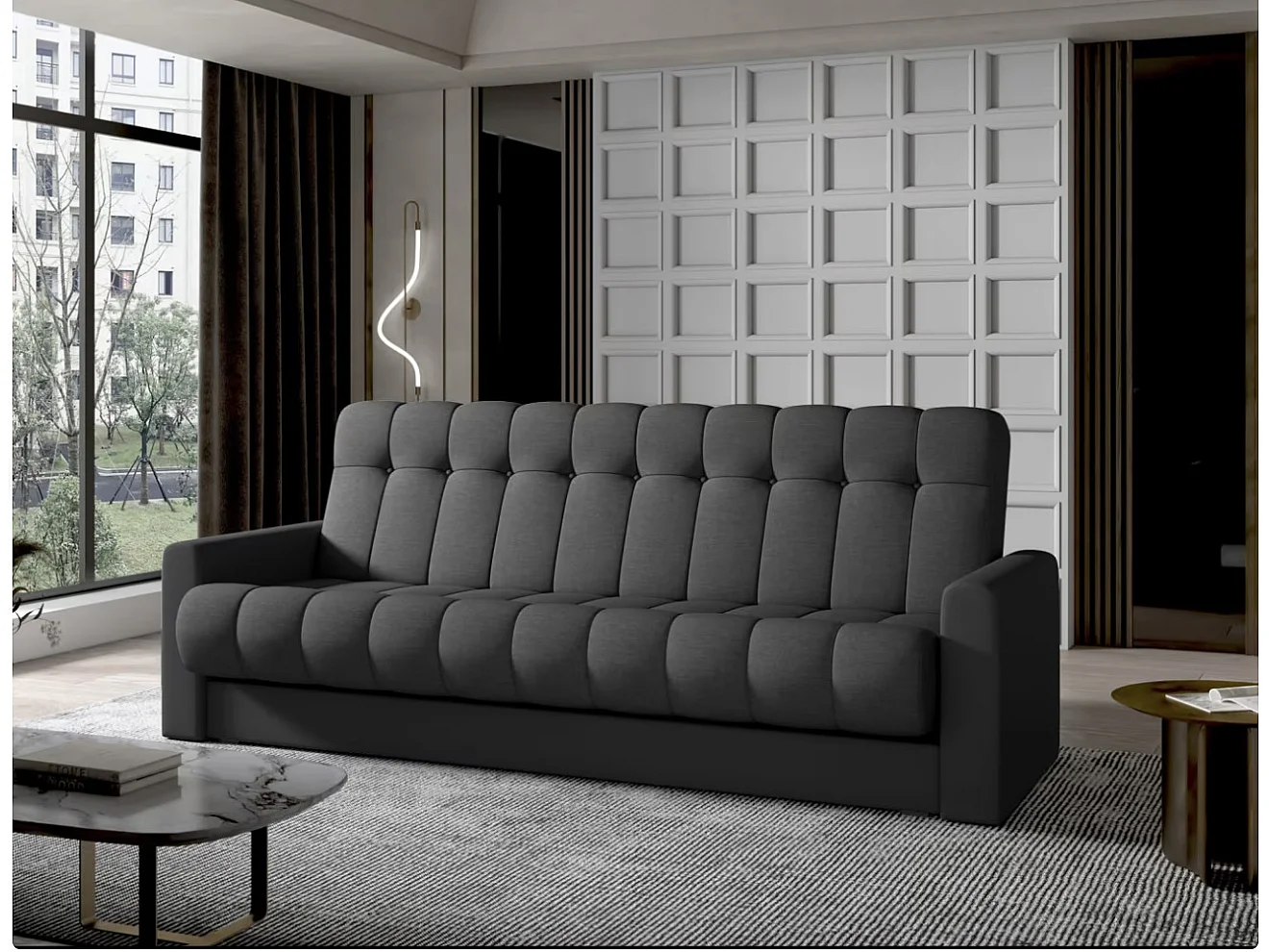 Canapé lit 3 places tissu gris clair et simili cuir noir Barote 210cm