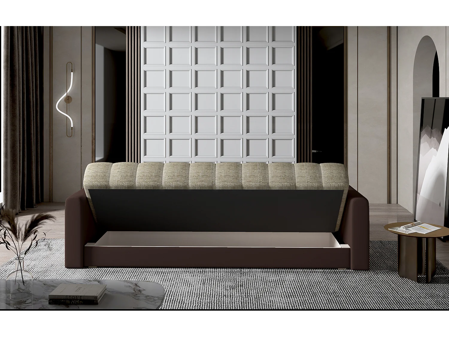 Canapé lit 3 places tissu gris clair et simili cuir noir Barote 210cm