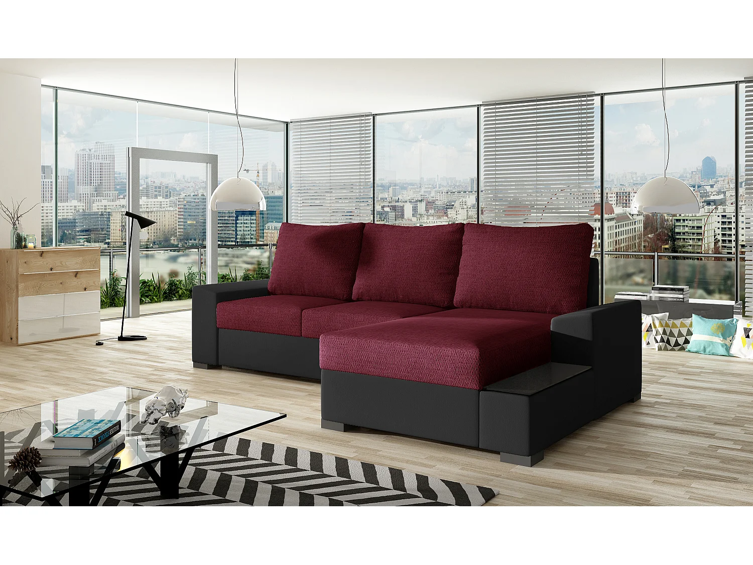 Canapé angle droit convertible tissu bordeaux et simili noir James 245cm