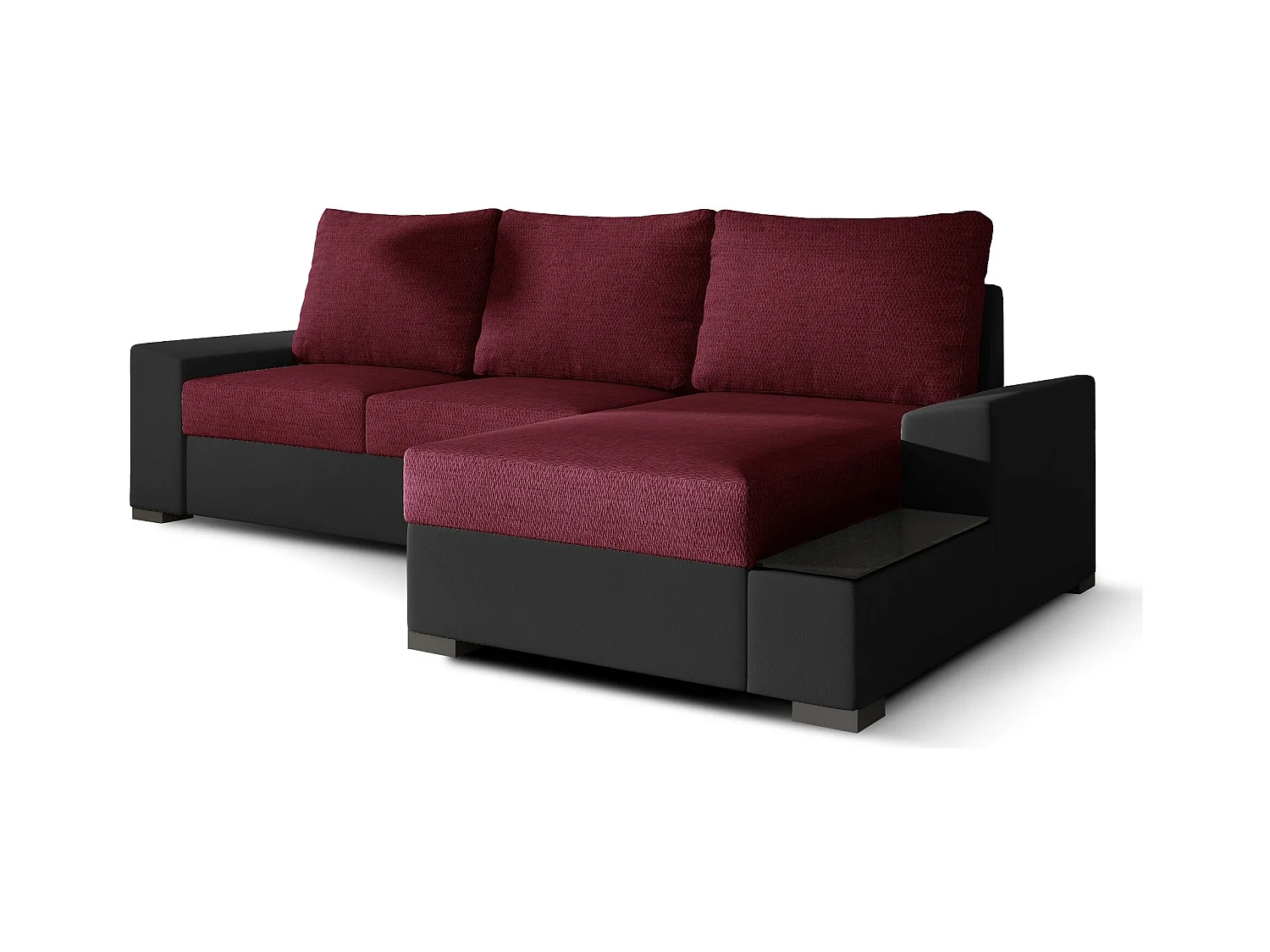 Canapé angle droit convertible tissu bordeaux et simili noir James 245cm