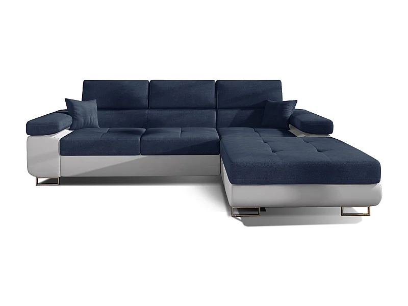 Canapé convertible d'angle droit tissu bleu foncé et simili cuir blanc avec rangement Wile 280cm