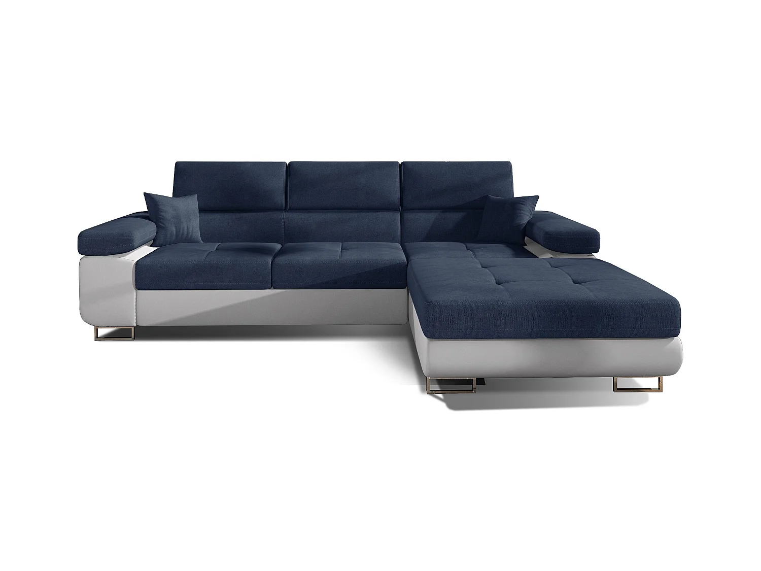 Canapé convertible d'angle droit tissu bleu foncé et simili cuir blanc avec rangement Wile 280cm