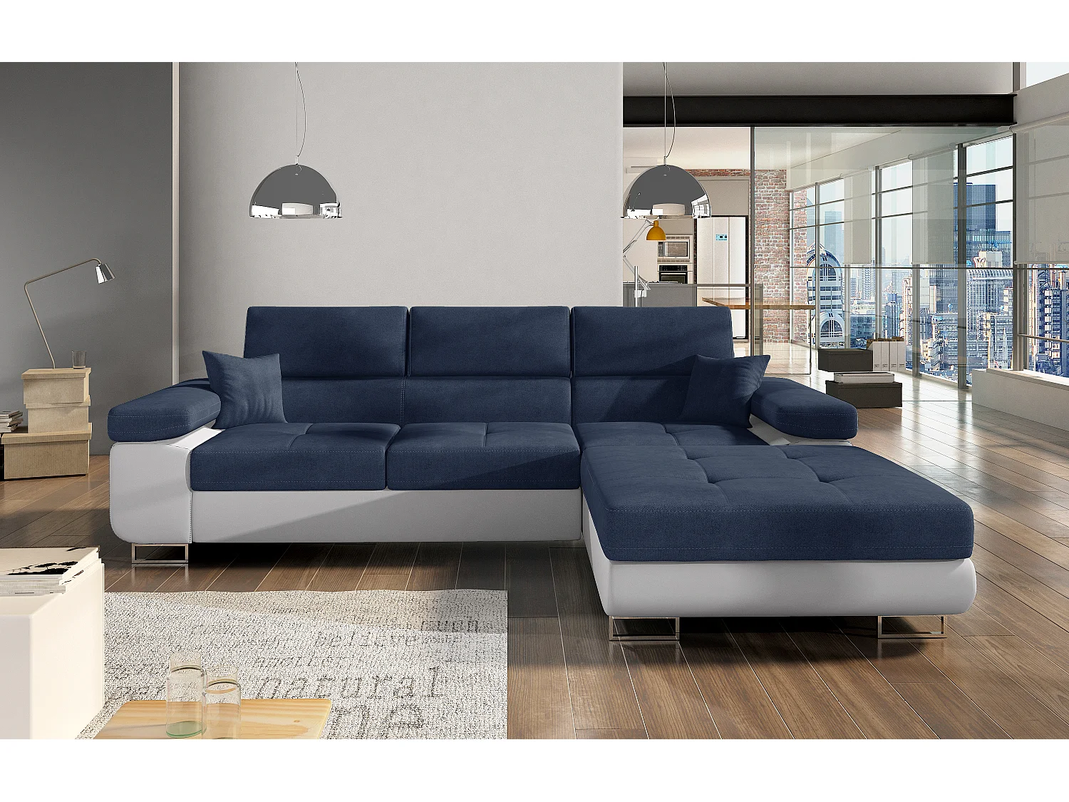 Canapé convertible d'angle droit tissu bleu foncé et simili cuir blanc avec rangement Wile 280cm