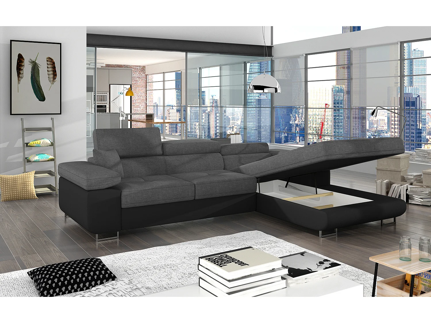 Canapé d'angle convertible appuis-tête réglables KALIZO - Coffre et pieds acier chromé-Blanc/Bleu foncé-angle droit