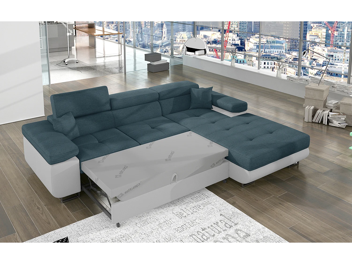 Canapé d'angle convertible Bi matière appuis-tête réglables KALIZO - Coffre et pieds acier chromé-Blanc/Bleu-angle droit