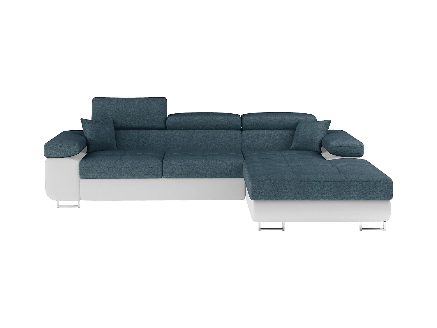 Canapé d'angle convertible Bi matière appuis-tête réglables KALIZO - Coffre et pieds acier chromé-Blanc/Bleu-angle droit
