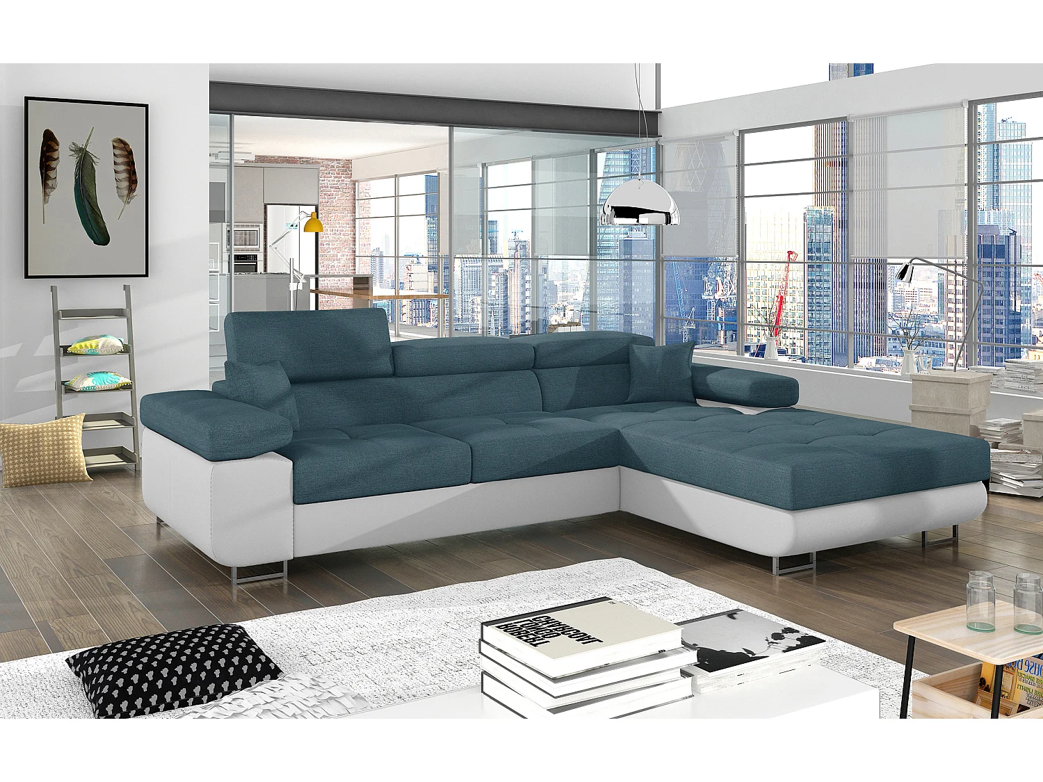 Canapé d'angle convertible Bi matière appuis-tête réglables KALIZO - Coffre et pieds acier chromé-Blanc/Bleu-angle droit