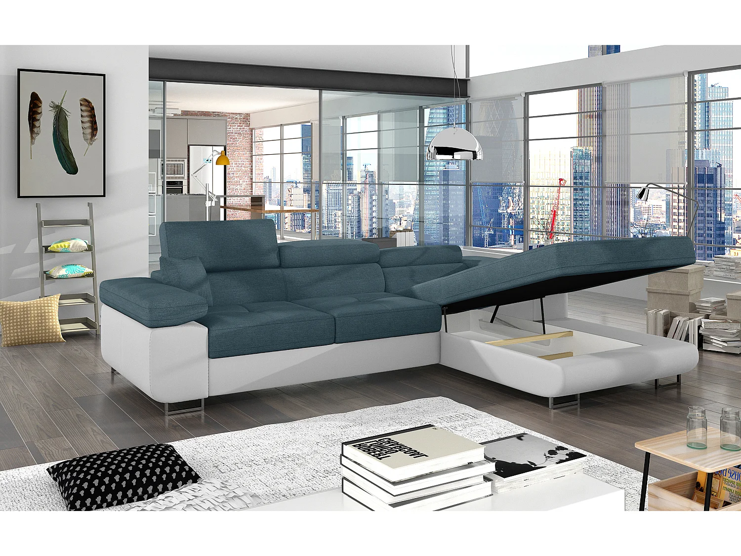 Canapé d'angle convertible Bi matière appuis-tête réglables KALIZO - Coffre et pieds acier chromé-Blanc/Bleu-angle droit