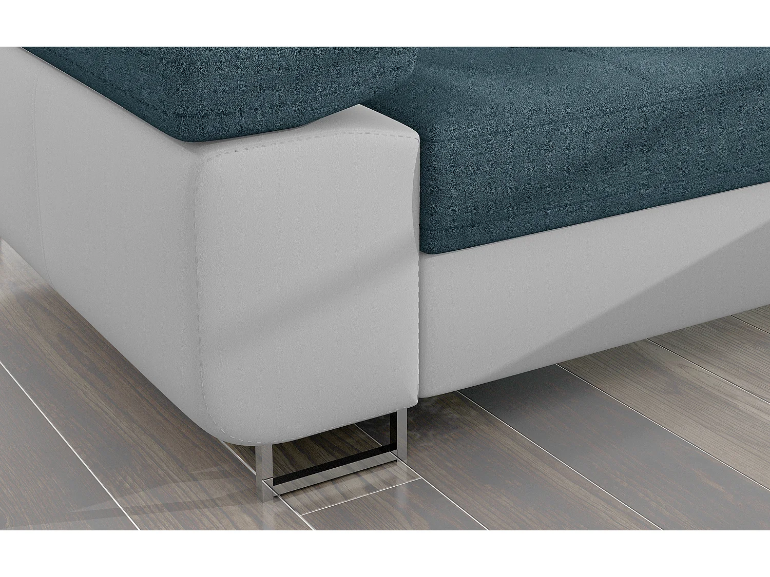 Canapé d'angle convertible Bi matière appuis-tête réglables KALIZO - Coffre et pieds acier chromé-Blanc/Bleu-angle droit