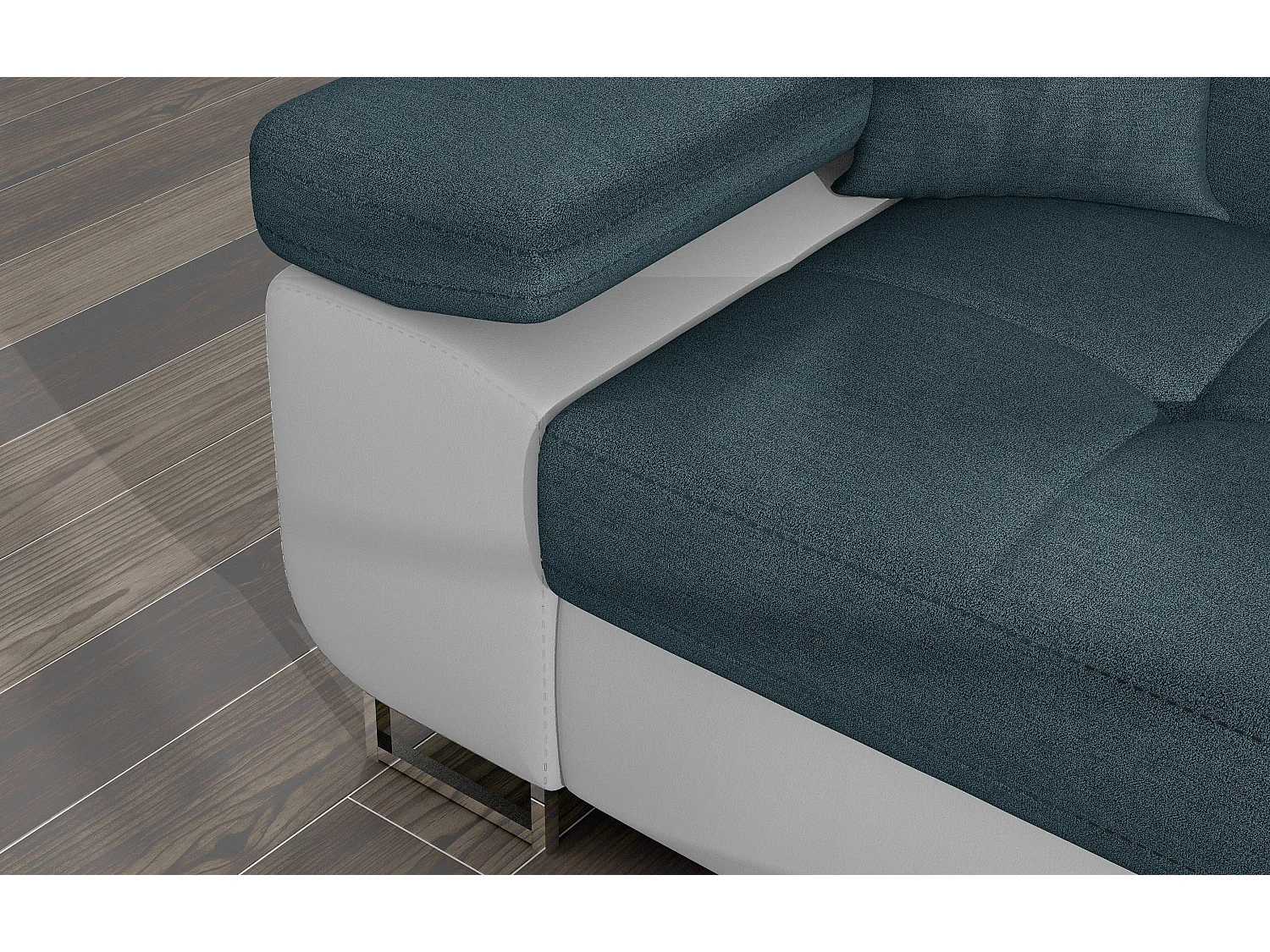 Canapé d'angle convertible Bi matière appuis-tête réglables KALIZO - Coffre et pieds acier chromé-Blanc/Bleu-angle droit