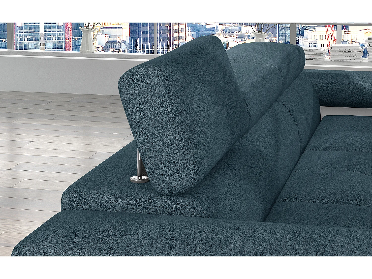 Canapé d'angle convertible Bi matière appuis-tête réglables KALIZO - Coffre et pieds acier chromé-Blanc/Bleu-angle droit