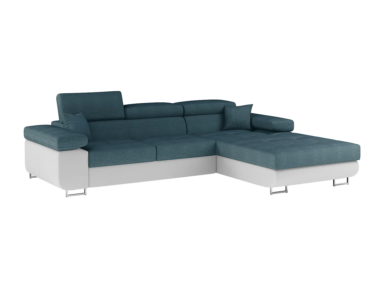 Canapé d'angle convertible Bi matière appuis-tête réglables KALIZO - Coffre et pieds acier chromé-Blanc/Bleu-angle droit