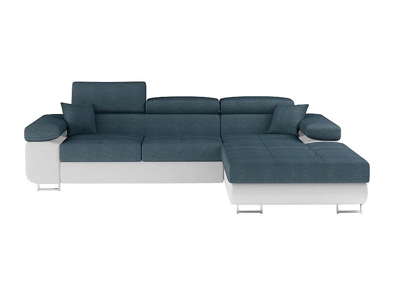 Canapé d'angle convertible Bi matière appuis-tête réglables KALIZO - Coffre et pieds acier chromé-Blanc/Bleu-angle droit