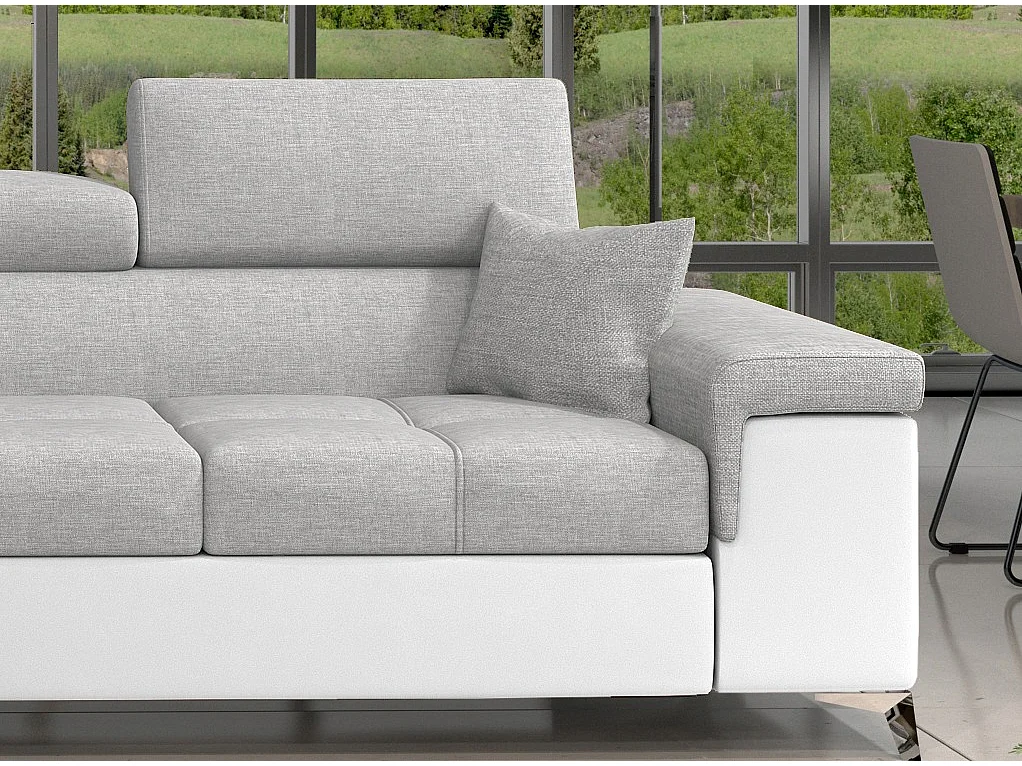 Canapé angle gauche convertible tissu gris clair et simili blanc avec appuis-tête réglables Rikaro 280cm
