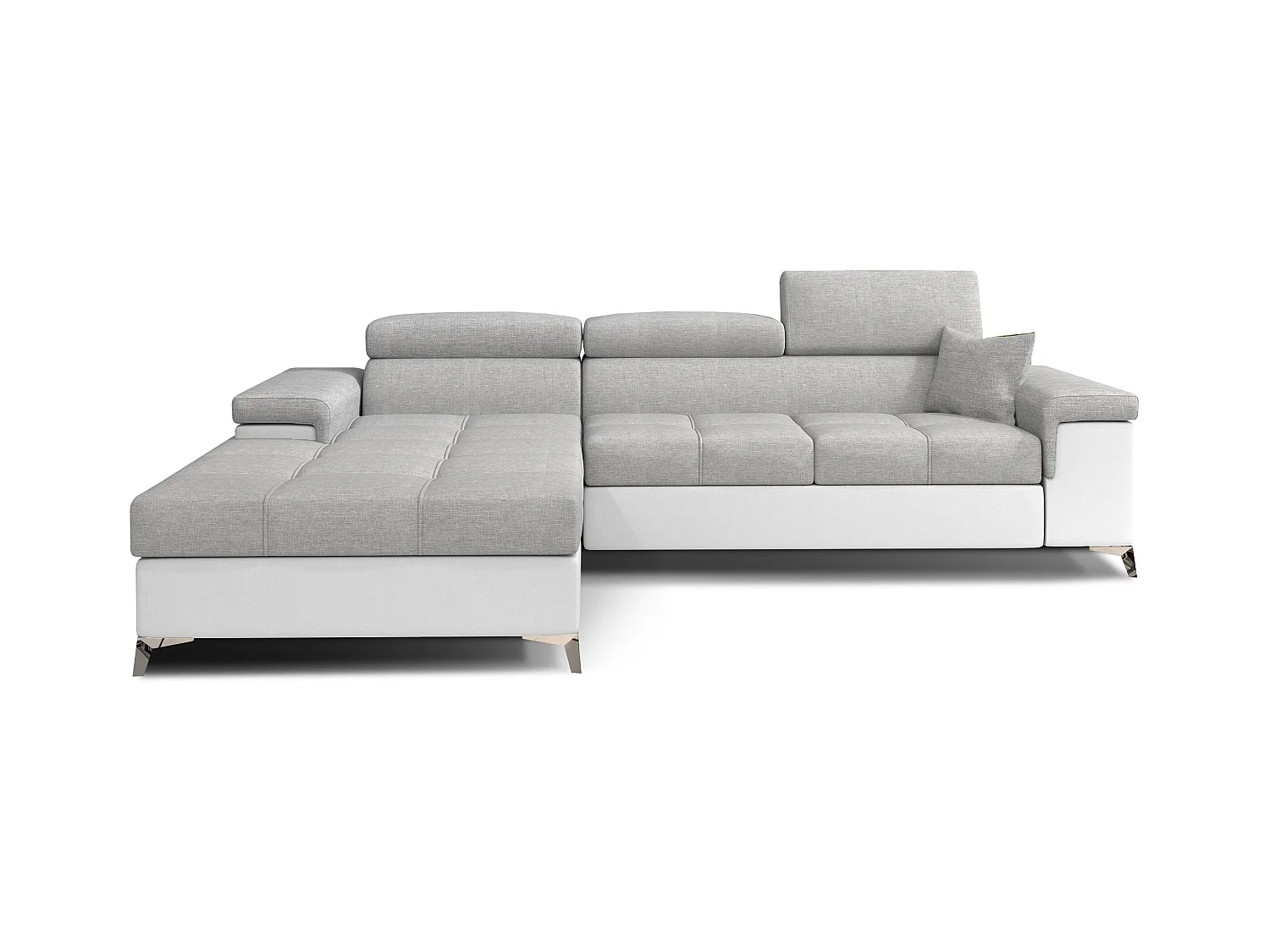 Canapé angle gauche convertible tissu gris clair et simili blanc avec appuis-tête réglables Rikaro 280cm