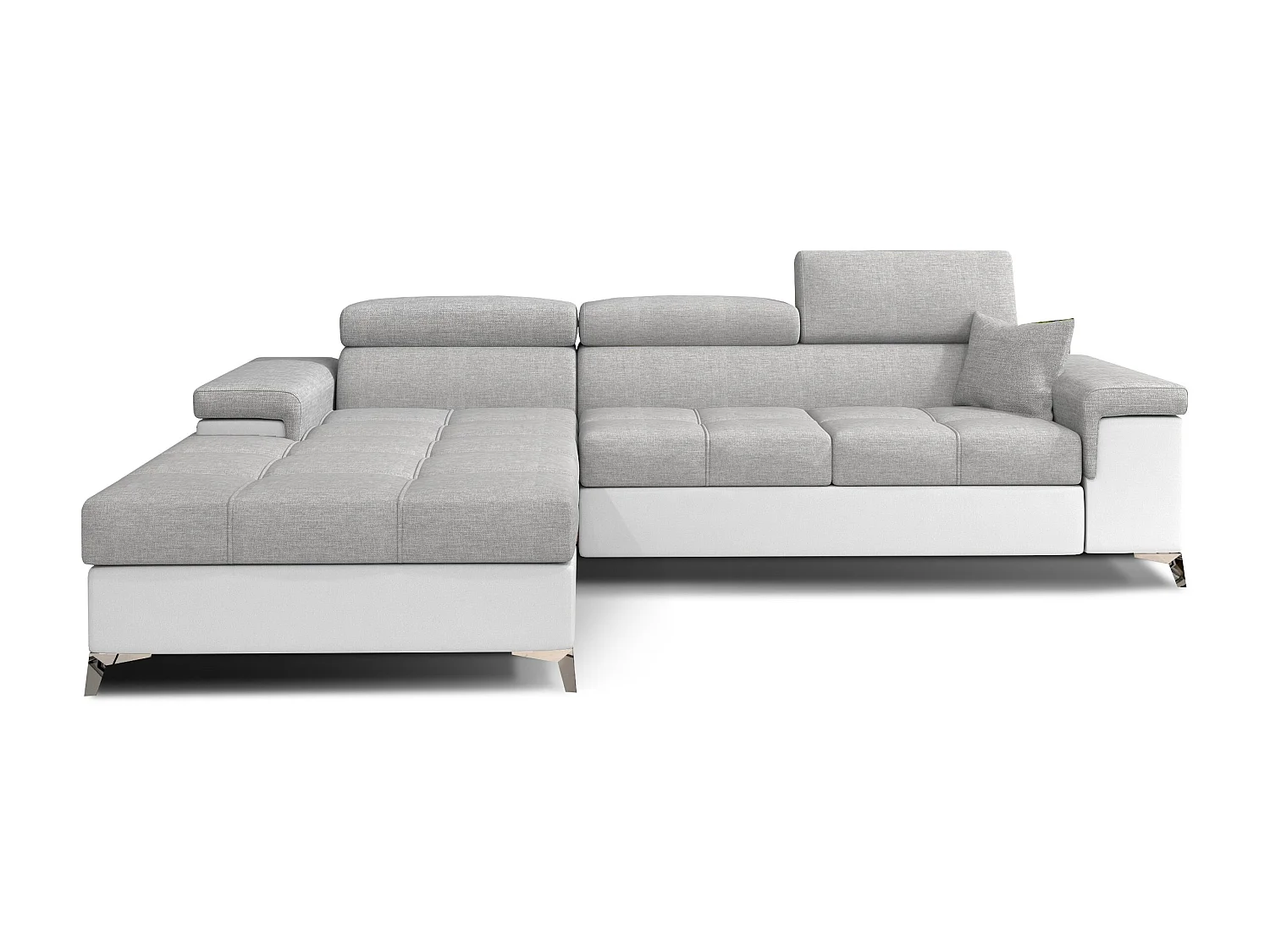 Canapé angle gauche convertible tissu gris clair et simili blanc avec appuis-tête réglables Rikaro 280cm