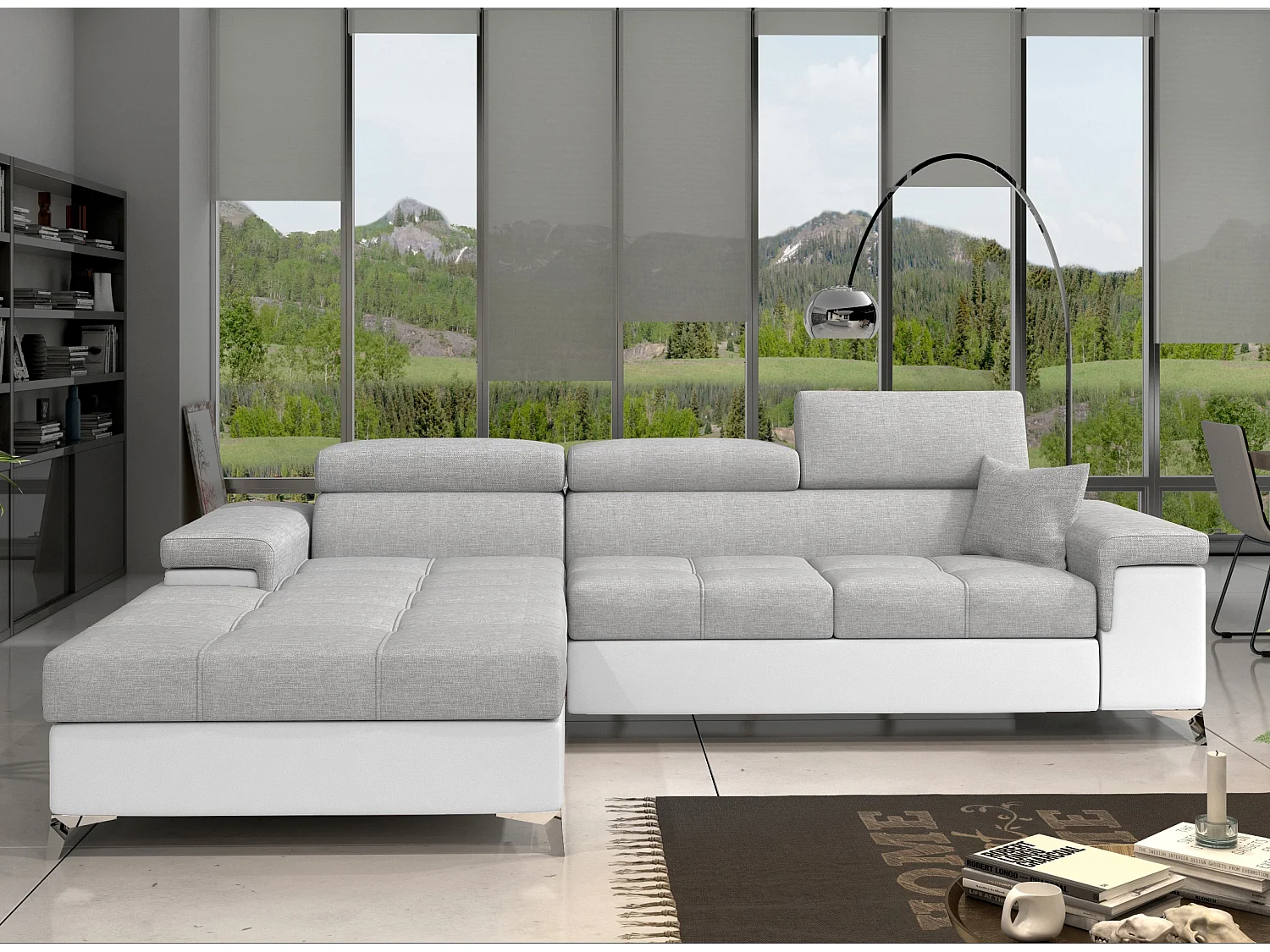 Canapé angle gauche convertible tissu gris clair et simili blanc avec appuis-tête réglables Rikaro 280cm