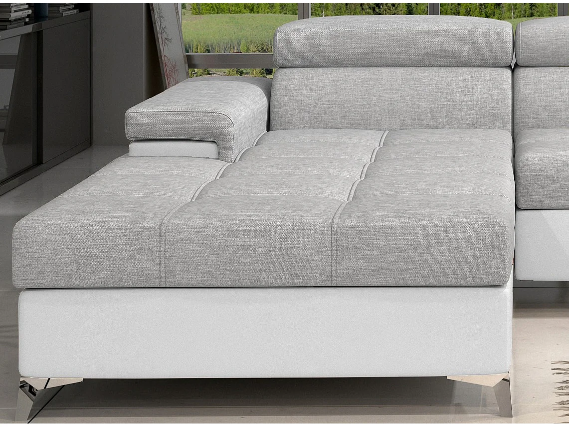 Canapé angle gauche convertible tissu gris clair et simili blanc avec appuis-tête réglables Rikaro 280cm