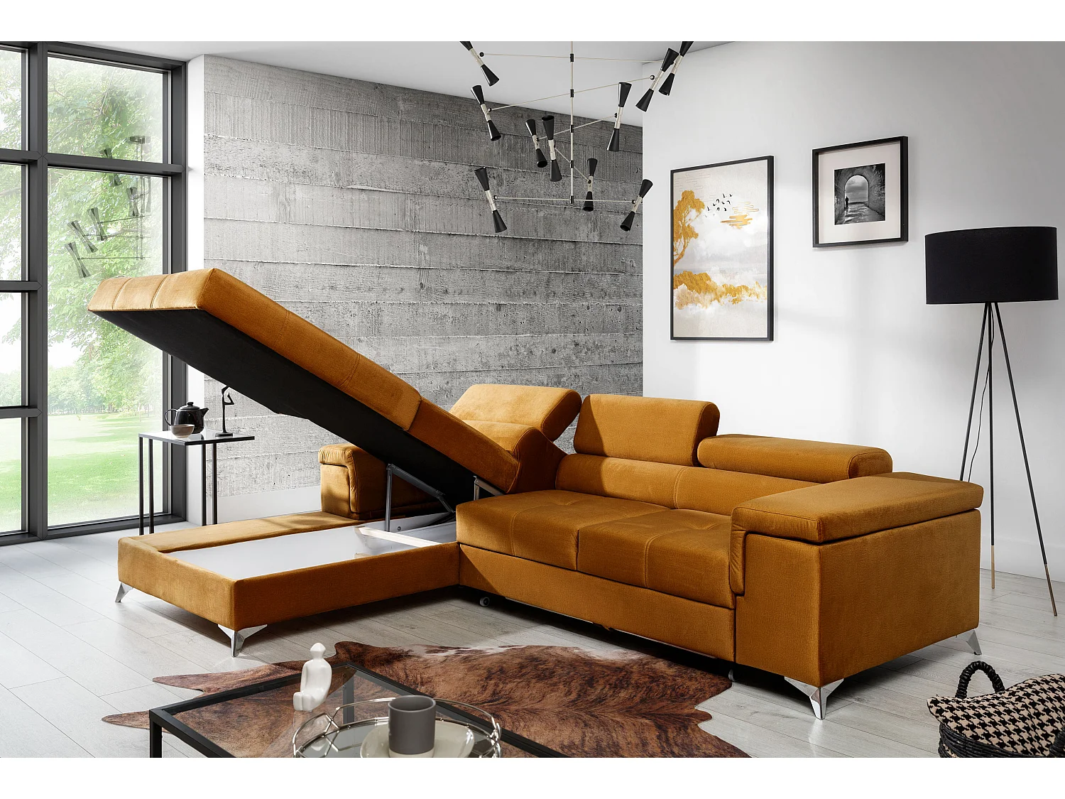 Canapé angle gauche convertible tissu gris clair et simili blanc avec appuis-tête réglables Rikaro 280cm