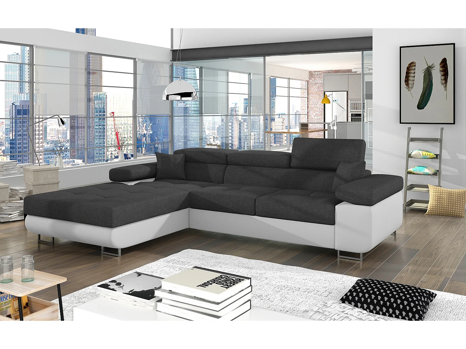 Canapé d'angle convertible Bi matière appuis-tête réglables KALIZO - Coffre et pieds acier chromé-Blanc/Gris foncé-angle gauche