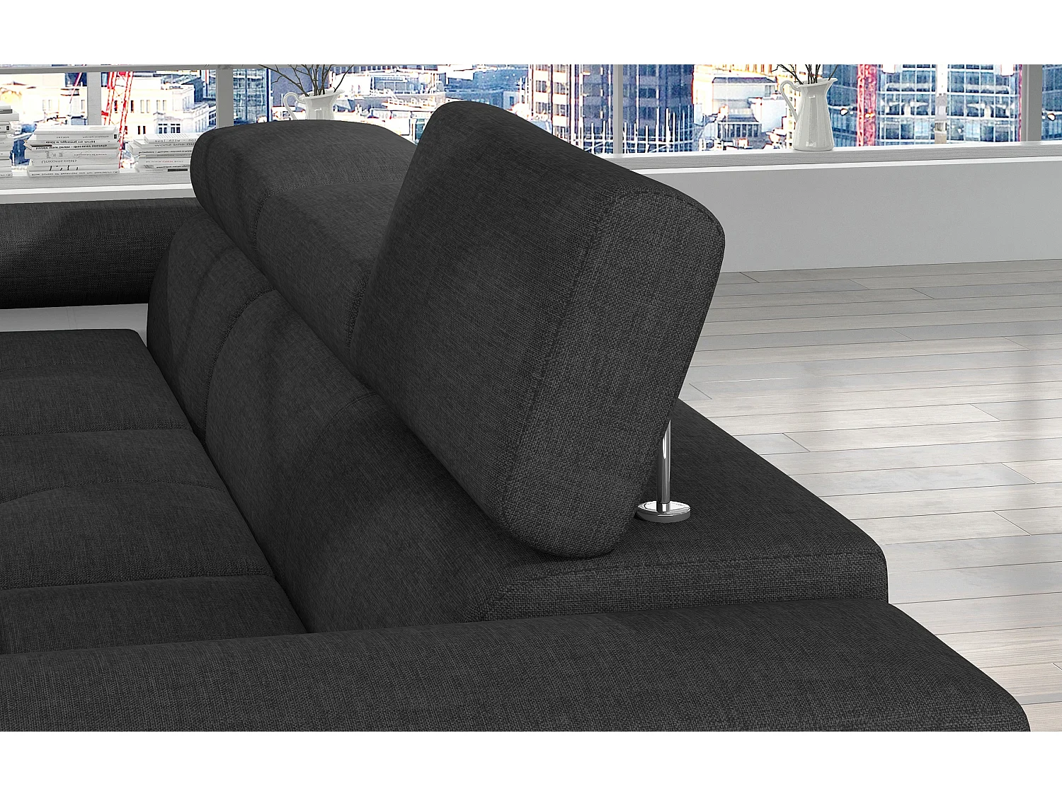 Canapé d'angle convertible Bi matière appuis-tête réglables KALIZO - Coffre et pieds acier chromé-Blanc/Gris foncé-angle gauche