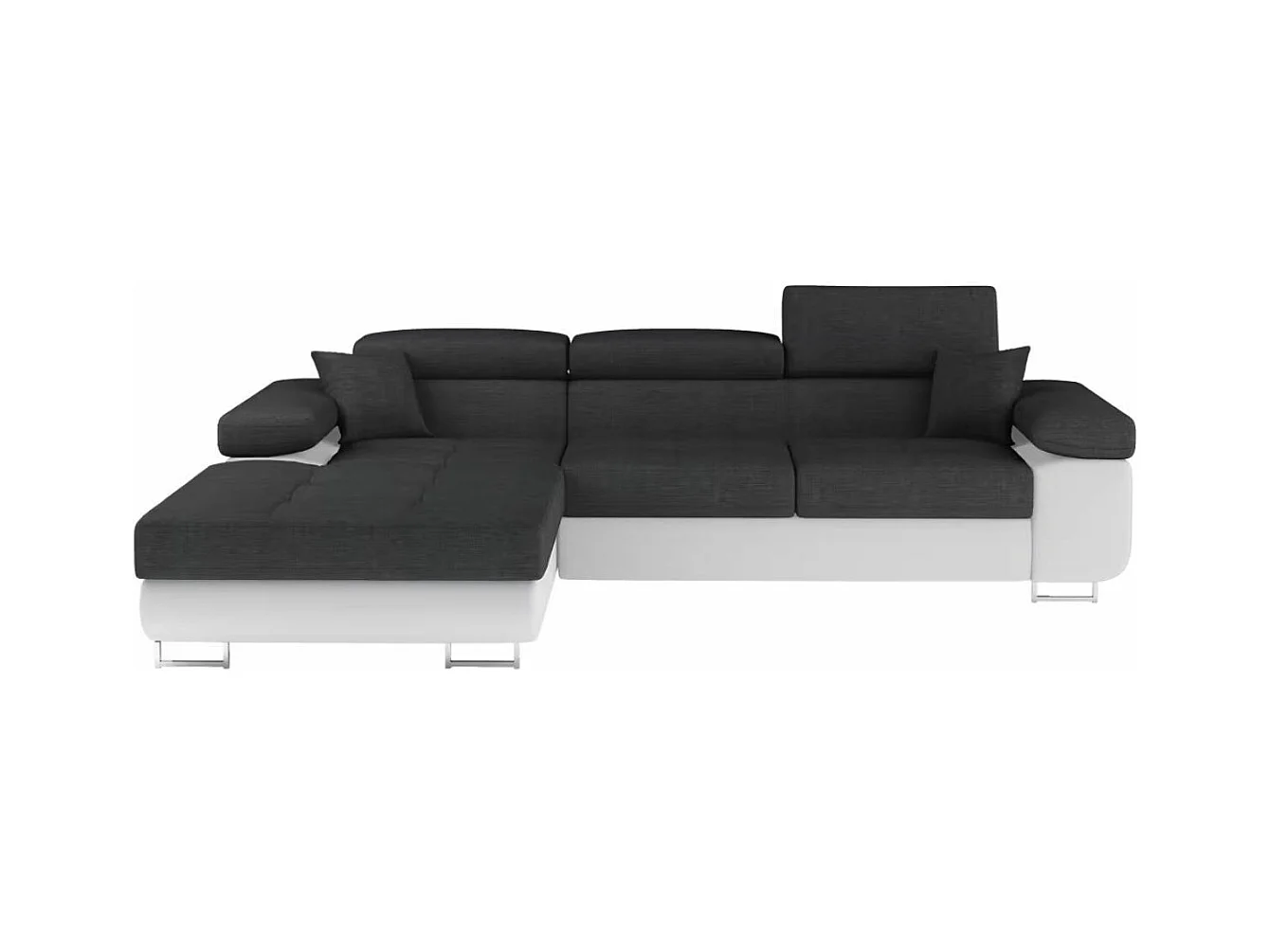 Canapé d'angle convertible Bi matière appuis-tête réglables KALIZO - Coffre et pieds acier chromé-Blanc/Gris foncé-angle gauche