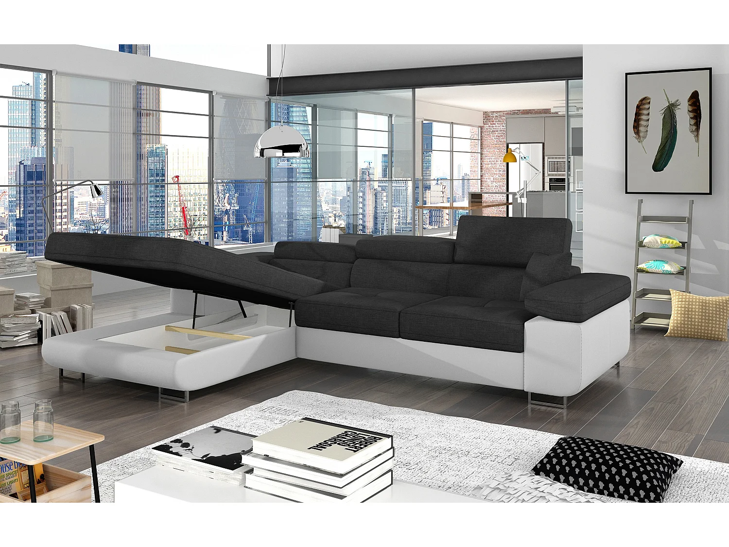 Canapé d'angle convertible Bi matière appuis-tête réglables KALIZO - Coffre et pieds acier chromé-Blanc/Gris foncé-angle gauche