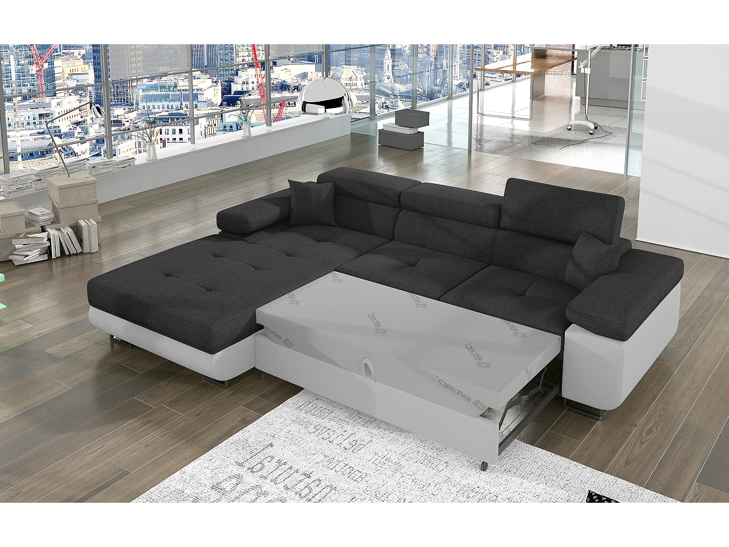 Canapé d'angle convertible Bi matière appuis-tête réglables KALIZO - Coffre et pieds acier chromé-Blanc/Gris foncé-angle gauche