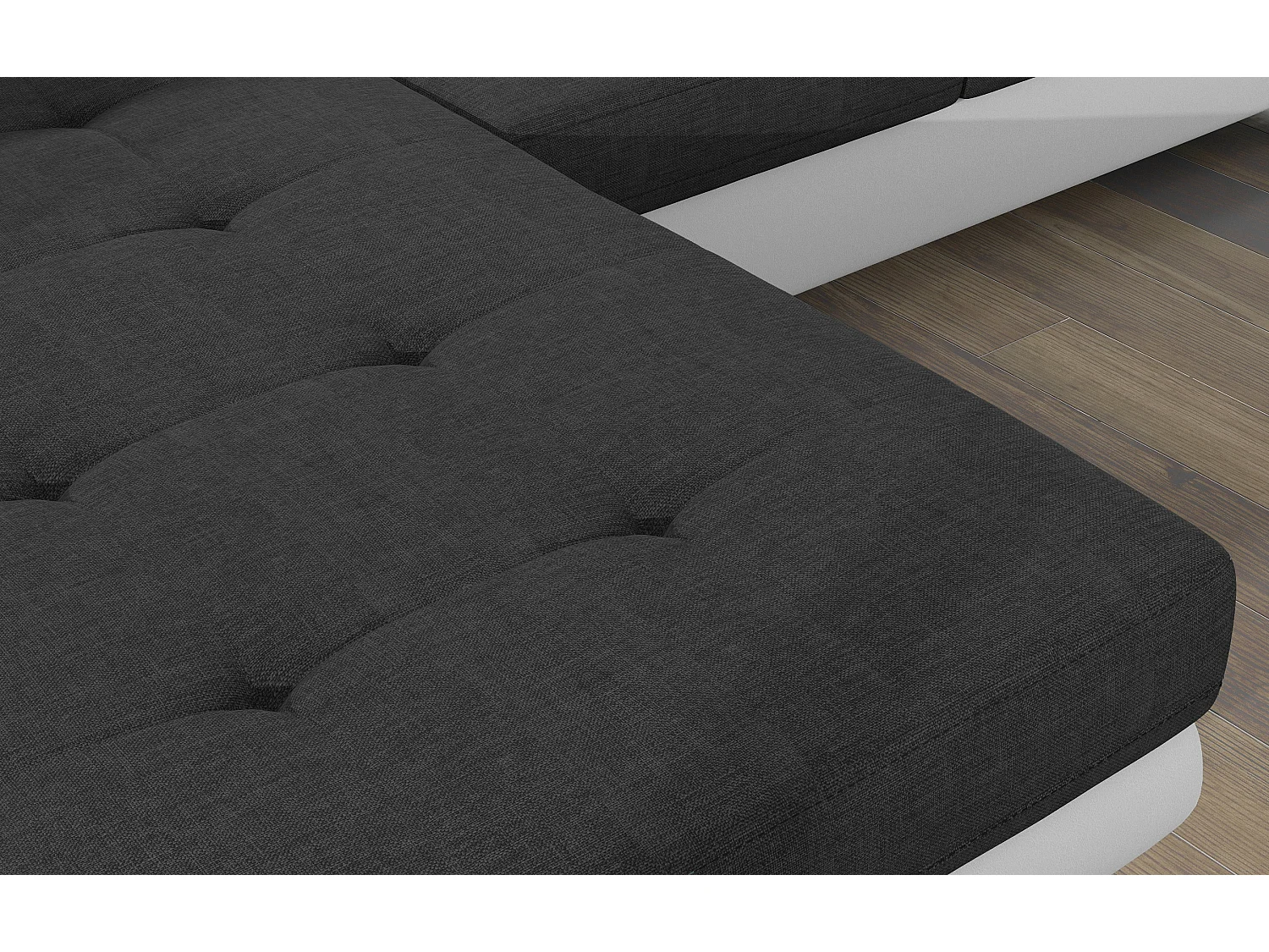 Canapé d'angle convertible Bi matière appuis-tête réglables KALIZO - Coffre et pieds acier chromé-Blanc/Gris foncé-angle gauche