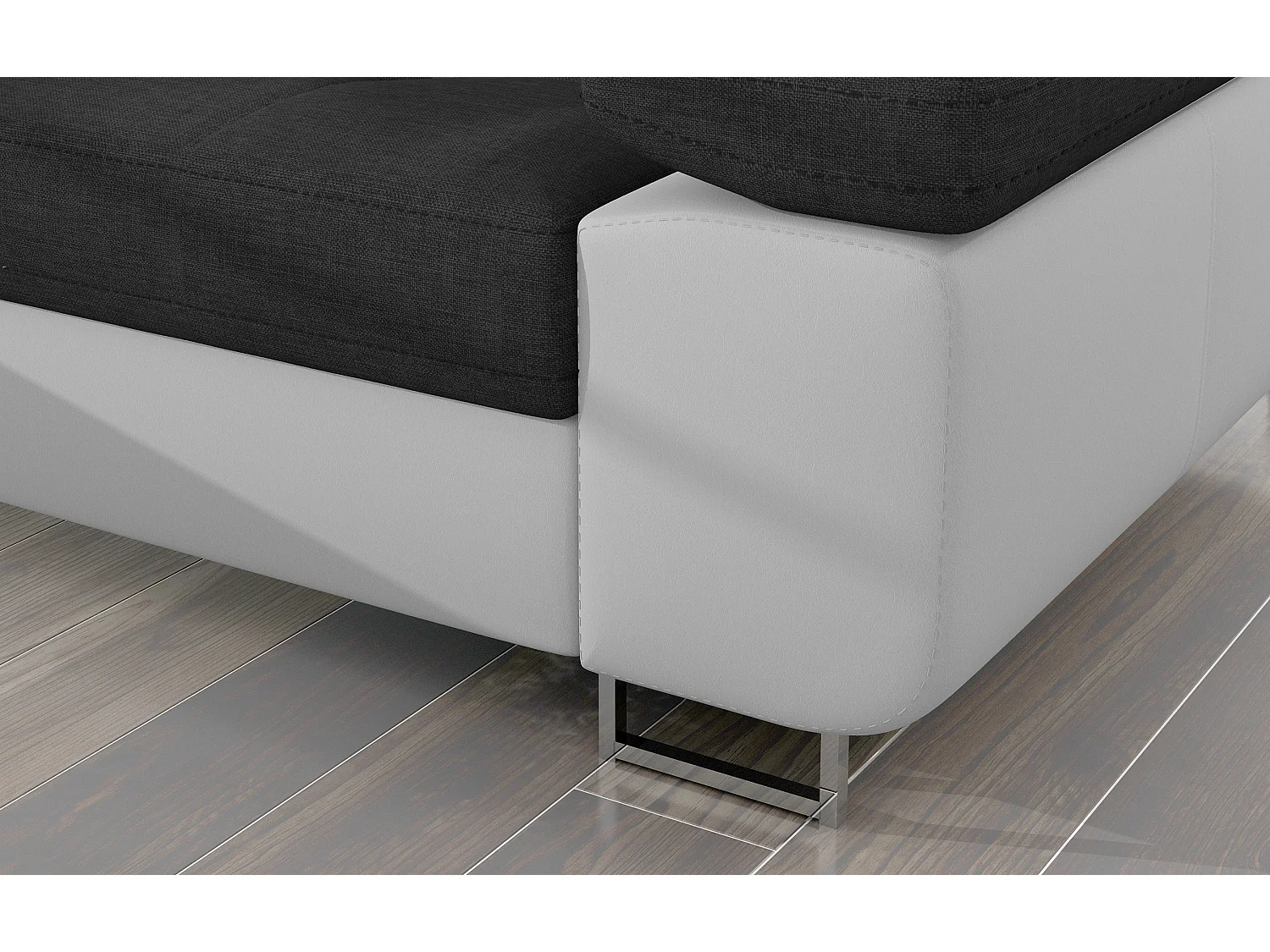 Canapé d'angle convertible Bi matière appuis-tête réglables KALIZO - Coffre et pieds acier chromé-Blanc/Gris foncé-angle gauche