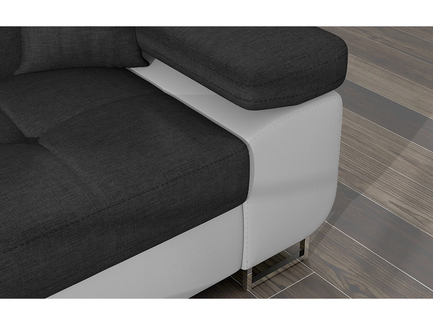 Canapé d'angle convertible Bi matière appuis-tête réglables KALIZO - Coffre et pieds acier chromé-Blanc/Gris foncé-angle gauche