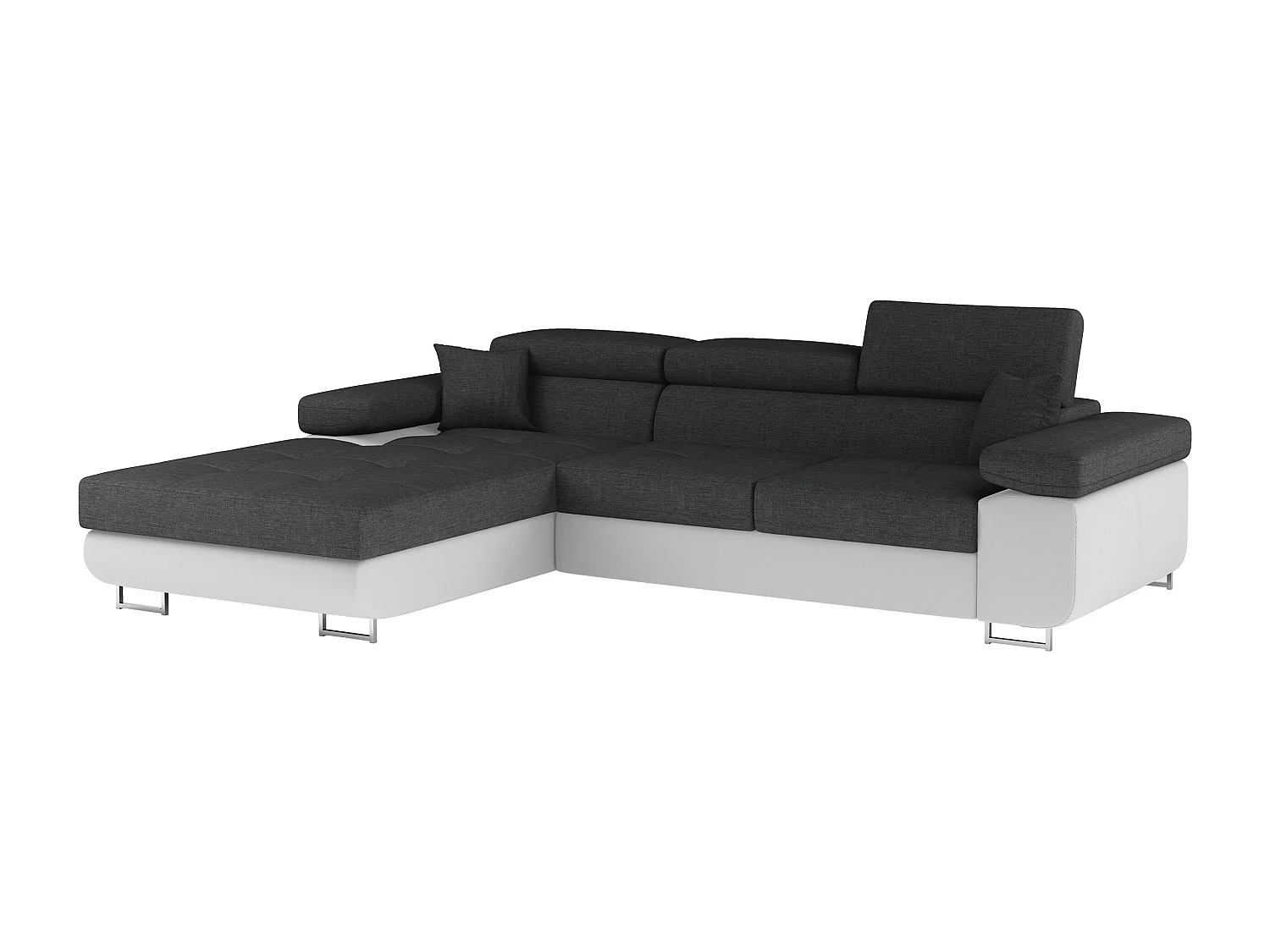 Canapé d'angle convertible Bi matière appuis-tête réglables KALIZO - Coffre et pieds acier chromé-Blanc/Gris foncé-angle gauche