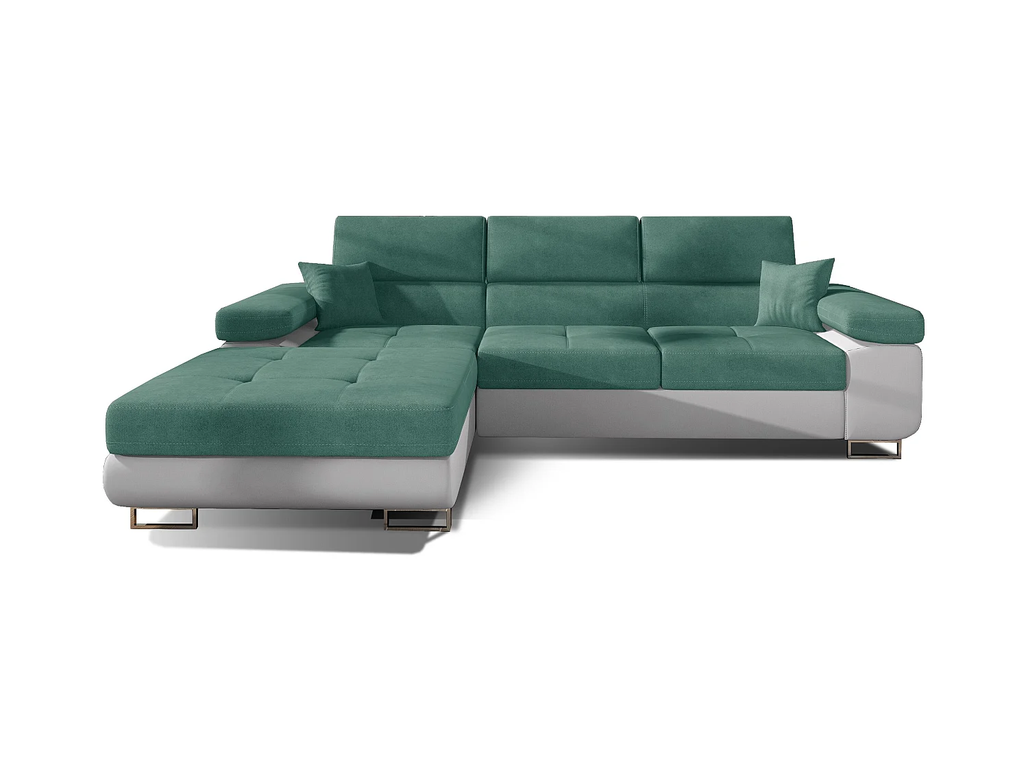 Canapé convertible d'angle gauche tissu vert et simili cuir blanc avec rangement Wile 280cm