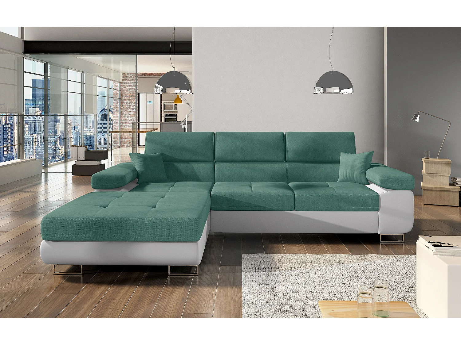 Canapé convertible d'angle gauche tissu vert et simili cuir blanc avec rangement Wile 280cm