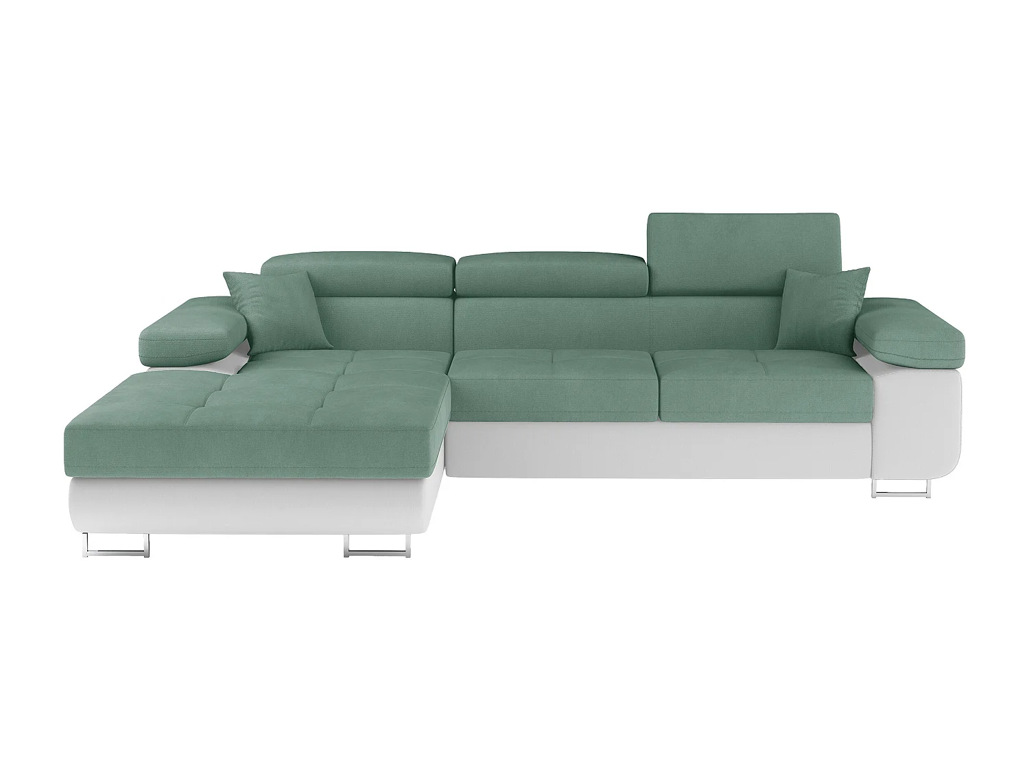 Canapé d'angle convertible appuis-tête réglables KALIZO - Coffre et pieds acier chromé-Blanc/Vert clair-angle gauche