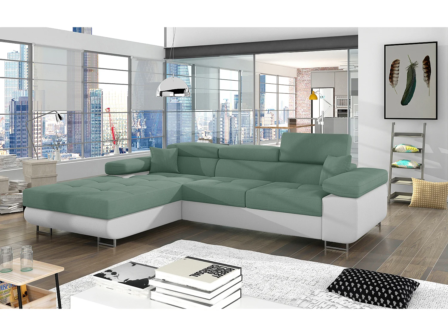 Canapé d'angle convertible appuis-tête réglables KALIZO - Coffre et pieds acier chromé-Blanc/Vert clair-angle gauche