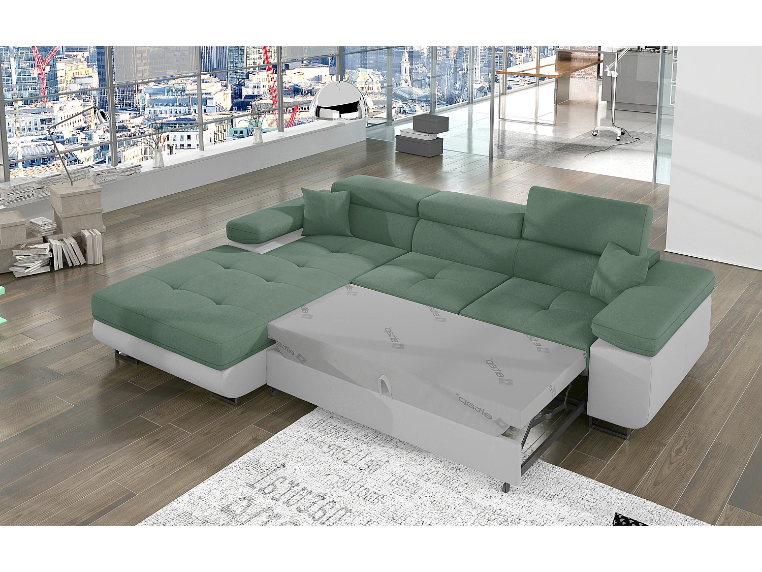 Canapé d'angle convertible appuis-tête réglables KALIZO - Coffre et pieds acier chromé-Blanc/Vert clair-angle gauche